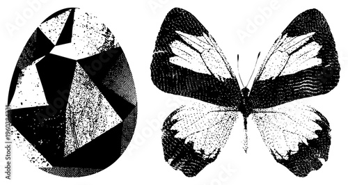 Abstract egg with polygonal facets and butterfly with stippled wings, vector art, graphic design element, black and white illustration.