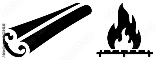 Ornamental cinnamon stick with curled end, campfire flame above grate, spice and warmth symbols, culinary and outdoor themes.