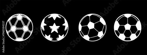 Set of white soccer ball icons and football silhouette vector on black background