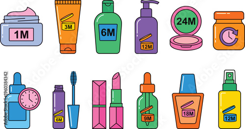 Cosmetics expiration icons set skincare products PAO months symbols beauty packaging labels makeup shelf life vector collection