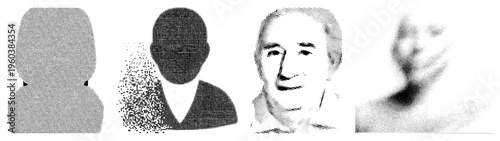 Four stylized human busts rendered in halftone dot, ranging from abstract to detailed, isolated vector art, graphic design elements.