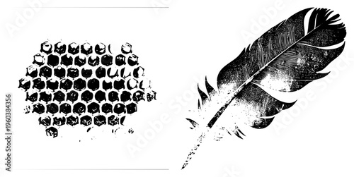 Black and white engraved feather quill pen, textured inkwell, hexagonal honeycomb design, rustic illustration, artistic vintage style.
