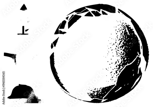 Stylized planet Earth with fragmented continents, space ascending, and satellite orbiting minimalist vector design for space exploration themes.