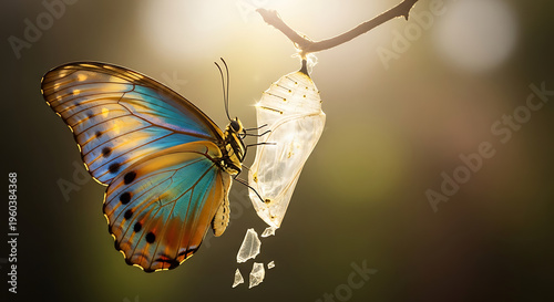 Vibrant Blue Butterfly Emerging from Crystal Cocoon on Tree Branch Concept of Transformation Growth and New Beginnings