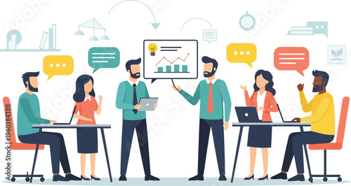 Business Meeting Illustration: Depicting a lively business meeting where team members actively exchange ideas, collaborate on projects, and share expertise to drive business growth. 