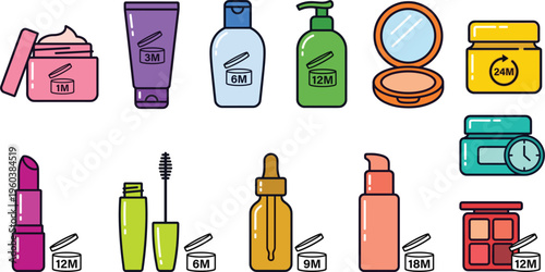 Cosmetics makeup icons set skincare products beauty cream lipstick mascara serum lotion compact colorful vector collection design elements