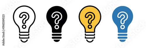 Light bulb with question mark icon set representing ideas, innovation, creativity, and problem-solving in flat minimal vector illustration