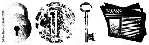 Grunge style vector featuring a padlock, number one emblem, old fashioned key, and folded newspaper, all in halftone texture, ideal for or security themes.