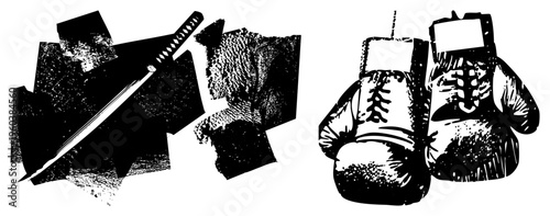 Japanese katana sword and vintage boxing gloves rendered in gritty halftone style, martial symbols, combat gear, black and white vector art.