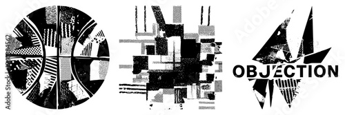 Graphic design logos featuring fragmented shapes, halftone textures, and bold text. Vector based abstract art with high contrast black and white composition, ideal for branding or digital.