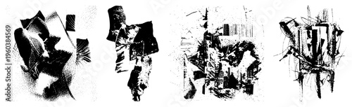 Fragmented abstract shapes with halftone textures, geometric, ink streaked forms, composition, vector graphic art.