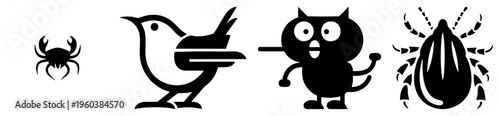 Stylized animal silhouettes in flat design, crab, bird, owl, tick, vector art, graphic symbols, wildlife representation.