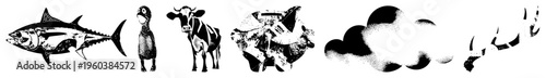 Black and white vector art featuring stylized fish, duck, cow, abstract creature, cloud shapes, and fish tail. Flat design with halftone textures and bold.
