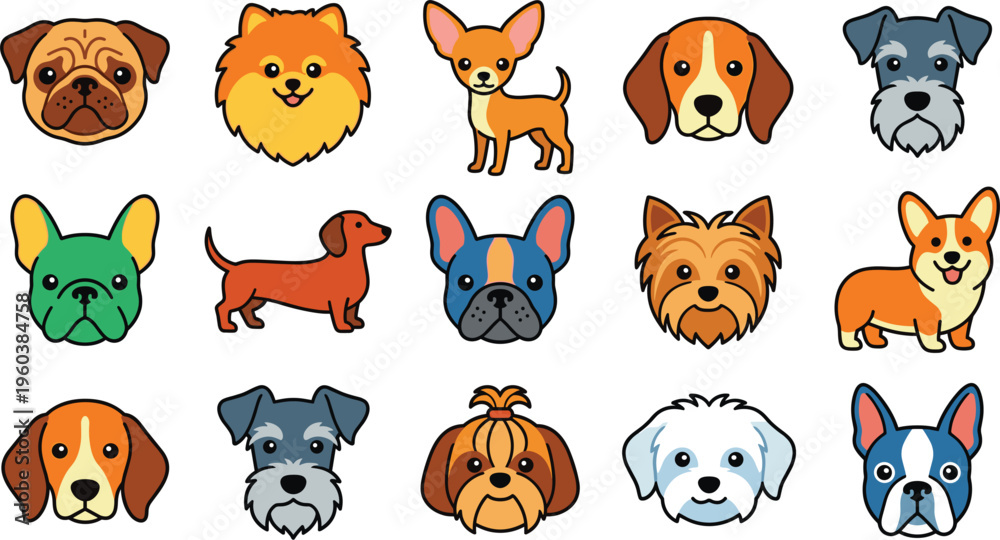 Obraz premium Cute dog breeds cartoon faces icons set puppy heads pets collection domestic animals colorful vector illustration design