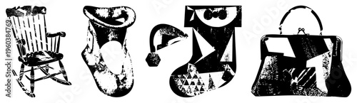 Classic wooden rocking chair, vintage boot, stylized with geometric, retro purse all rendered in high contrast vector art. silhouette with distressed texture.