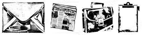 Classic office tools rendered in halftone, including envelope, newspaper, briefcase, clipboard graphic design, business essentials, archival aesthetic.
