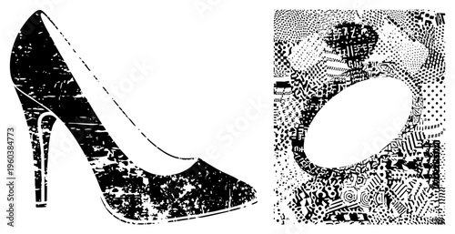 Vintage style stiletto heel with grunge texture, fashion footwear, graphic silhouette, punk chic design, vector art illustration.