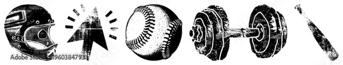 Classic athletic equipment rendered in gritty, including baseball helmet, starburst arrow, baseball, dumbbell, and bat, ideal for retro fitness or sports branding.