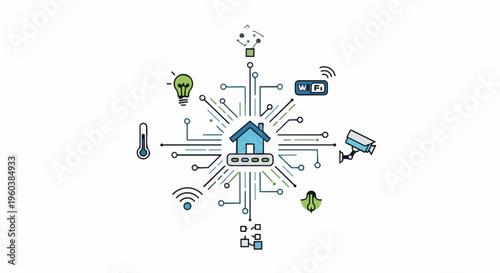 Smart home technology and internet of things concept with various connected devices.