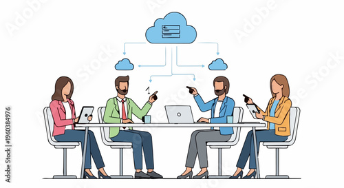 Four people collaborating with cloud computing.