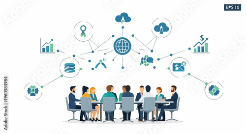 Business team discussing global strategy.