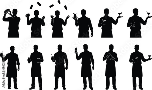 Bartender silhouettes collection illustration, mixologist preparing cocktails set, bar staff serving drinks, hospitality profession concept, black vector characters isolated