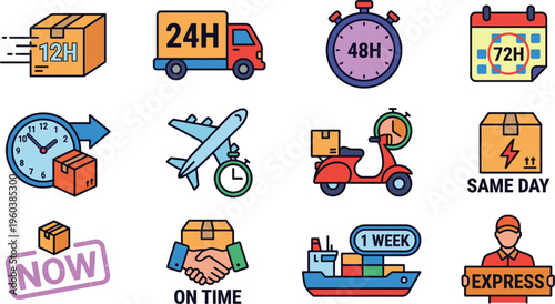 Delivery shipping icons set fast service express logistics cargo transport time schedule courier vector collection symbols