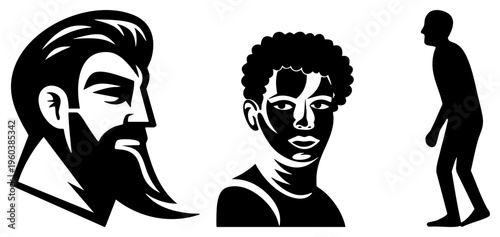 Graphic portraits of men in profile view, stylized silhouette art, minimalist vector design, bold, characters, flat graphic illustration.