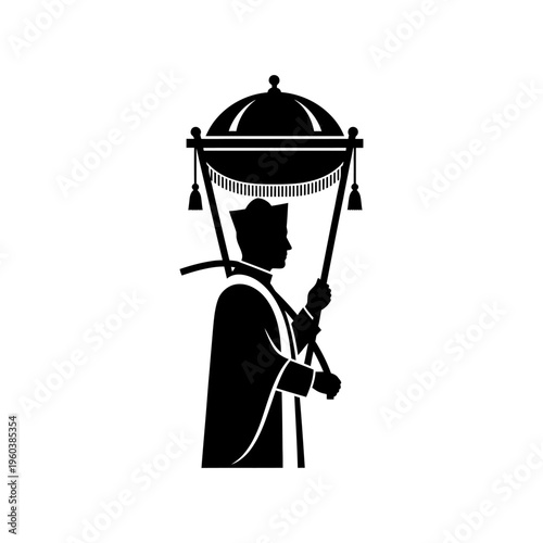 Priest Silhouette Holding Ceremonial Canopy During Religious Procession