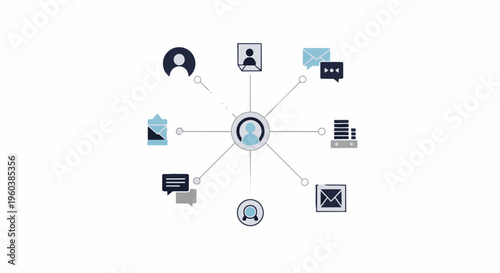 A network of connected digital icons.