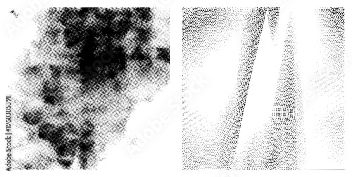 Black and white halftone dots creating abstract forms, visual texture, graphic design element, vector art, stylized composition, dot matrix effect, artistic.