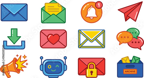 Email messaging communication icons set envelope notification send receive chat support security inbox symbols colorful vector collection