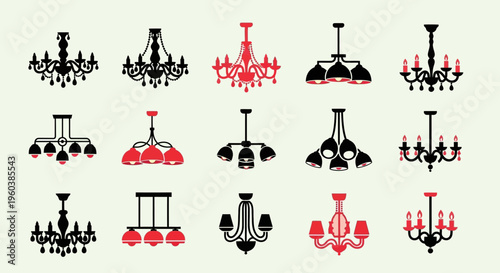Collection of chandelier and decorative hanging lamp icons in flat silhouette style.