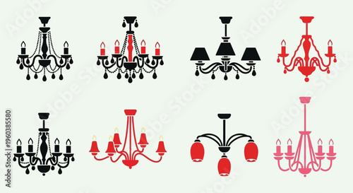 Collection of chandelier and decorative hanging lamp icons in flat silhouette style.