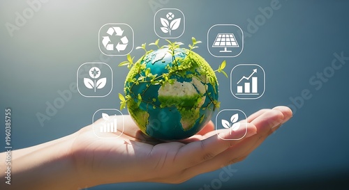 Hand holding eco-friendly globe with sustainability icons for green business and environmental conservation concept