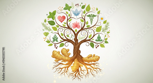 Tree of life with roots and leaves on white background symbolizing growth and harmony with nature ecology and wellness concept