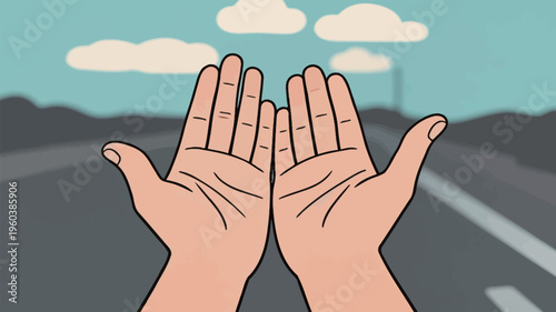 Hands held up on a road under a blue sky during the day with some clouds