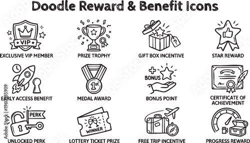 Doodle Exclusive benefit, prize, incentive, reward, editable stroke outline icons set in an isolated white background.