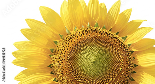 Vibrant yellow sunflower close up with green center and soft petals on white background