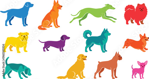 Dog breeds icons set different canine silhouettes pets collection domestic animals vector illustration colorful design elements