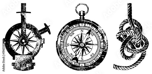 Antique maritime compasses and rope knots, nautical navigation tools, sailor equipment, gear, black and white vector art.