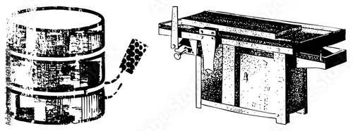 Handcrafted wooden workbench with integrated tool drawer, sawhorse legs, and pegboard storage, classic carpenter’s bench, woodworking station, rustic workshop furniture.
