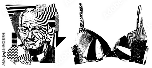Black and white graphic portrait with geometric distortions, bra cutout with striped textures, vector art, fragmented design, stylized fashion illustration.