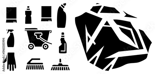 Vector cleaning including spray bottles, brooms, mop, trash bin, gloves, and abstract rock shape, minimalist design, housekeeping symbols, janitorial tools, maintenance gear.