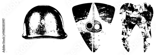 Grunge vector illustrations of helmet, star emblem, and tooth shape with distressed textures, black and white, graphic design elements, isolated symbols.
