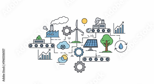 Renewable energy production and industrial manufacturing process illustration