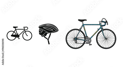 Sketch of a road bicycle helmet and simplified cycle outline