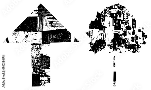Urban fragments and tree forms in bold halftone texture, graphic cityscape, architectural abstraction, black and white vector art, urban decay motif.