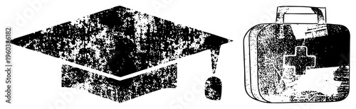 Academic mortarboard and medical kit representing student achievement and healthcare readiness, education and emergency care.