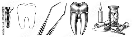 Dental implant screw, tooth section, surgical tweezers, molar anatomy, candle, hourglass, scrolls, legal gavel medical illustration, dentistry tools, time symbolism, procedural context.